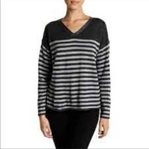 Eileen Fisher Black and Gray Striped V-Neck Sweater
